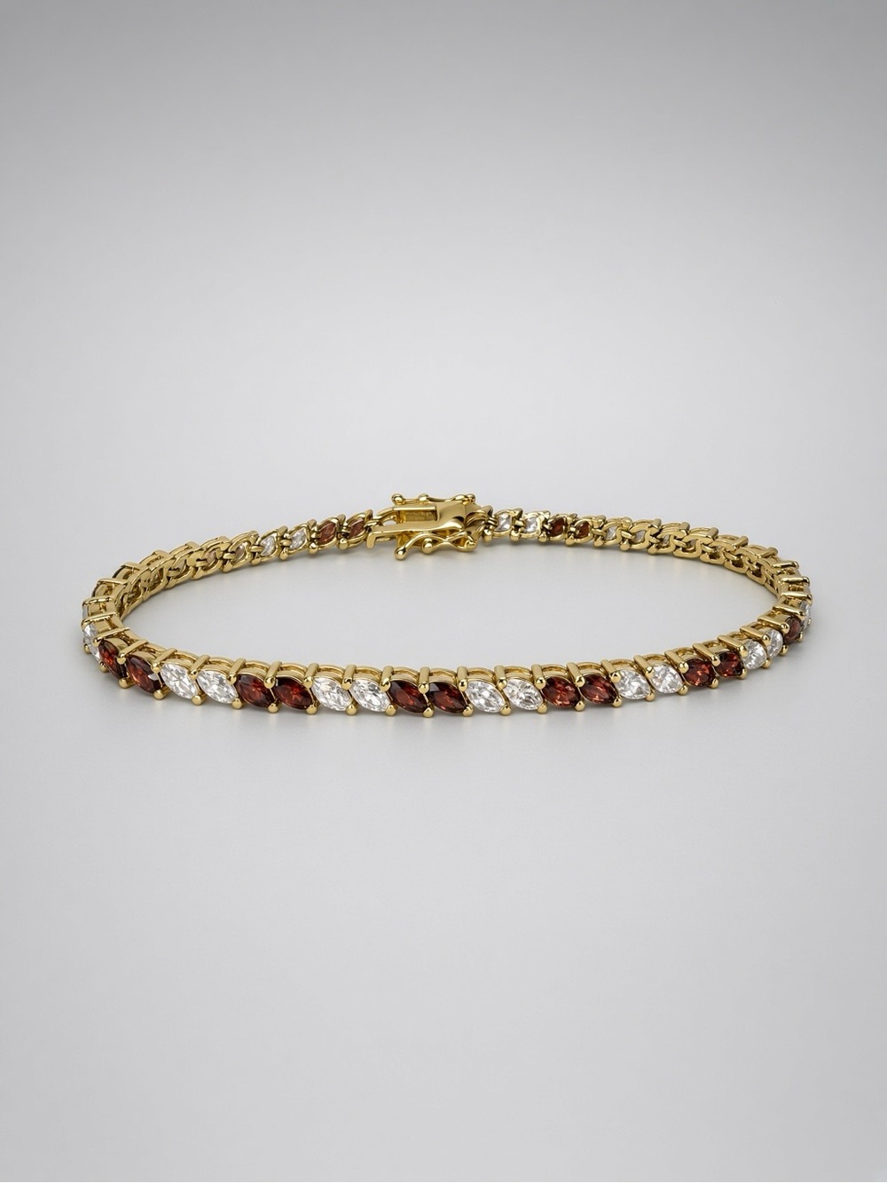 Gold Tone Marquise Garnet-Red & Clear Stone Bracelet, 8”, Unsigned
